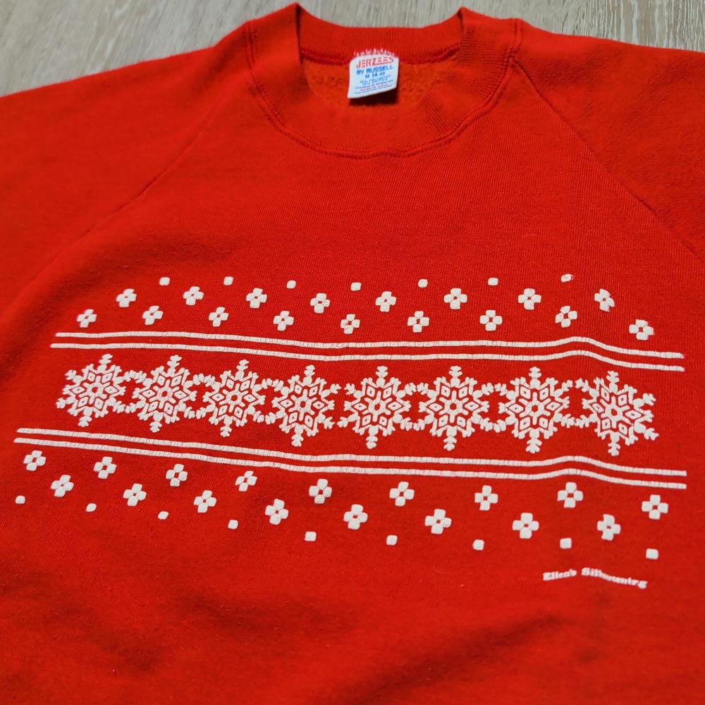 Vintage 80s Jerzees Sweatshirt Mens M Red Fair Isle‎ Snowflake Crewneck Made USA - Picture 4 of 6